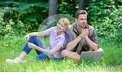 Man and girl looking for inspiration in nature. Inspiring environment. Couple youth spend leisure outdoors working with Stock Photo