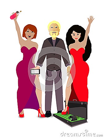 The man with the girls and the case with money Cartoon Illustration