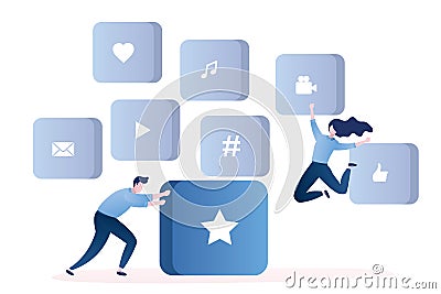 Man give button with star symbol and happy girl jumping,profile rating Vector Illustration