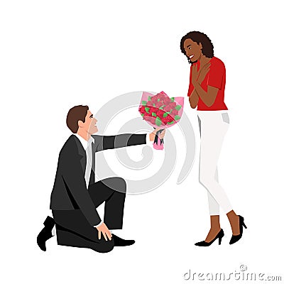 Man give flowers congratulate happy black woman lover for Valentine day. Loving boy greeting girl make surprise with floral Cartoon Illustration