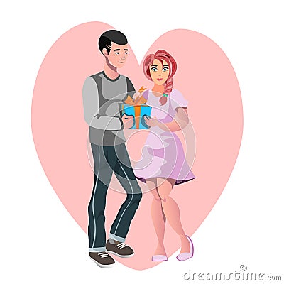 Man give gift woman. Valentine day Vector Illustration