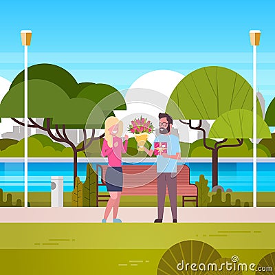 Man Give Girl Gift And Bouquet Over Green Park Background Congradulations For International Women Day 8 March Holiday Vector Illustration