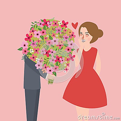 Man give large flower bouquet to his girl friend couple romantic moment Vector Illustration