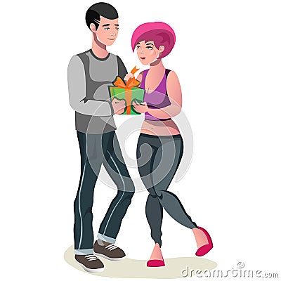 Man gives a gift to a girl Vector Illustration