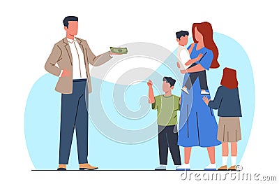 Man gives money to mother with many children. Support children. Alimony, spousal agreement, payments to wife after Vector Illustration