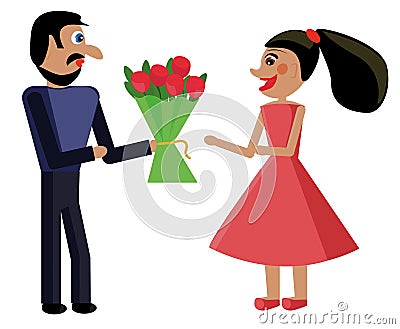 A man gives a woman flowers. Happy couple. Flowers for the beloved. A real man. Boy and girl. Boyfriend Gelfrend. Vector Illustration