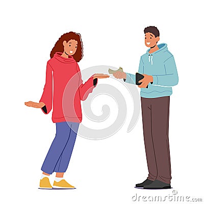 Man Giving Banknotes To Woman With Stretched Hand. Female Character Taking Loan, Borrowing Money From Friend Or Husband Stock Photo