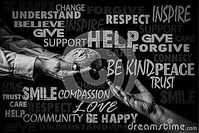 Man giving Bread to the poor. Word cloud. Helping Hand Concept.Black and white Stock Photo