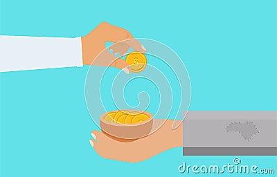 Man giving charity to a beggar. Man donating money concept. Beggar hand with a bowl of golden coins vector. Giving donations to a Vector Illustration