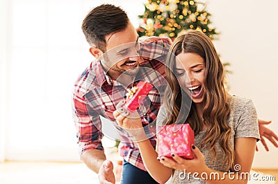 Man giving a Christmas present to his girlfriend Stock Photo