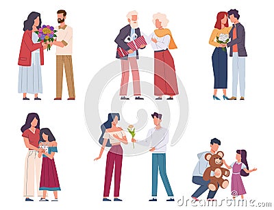 Man giving flowers. Young and elderly giving bouquets, romantic admirers present floral gift valentine day or birthday Vector Illustration