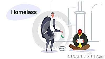 Man giving money to poor guy sitting on street begging for help beggar holding sign board homeless concept sketch doodle Vector Illustration