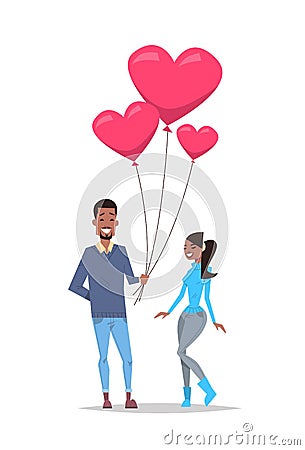 Man giving woman pink heart shape air balloons happy valentines day holiday concept african american couple in love full Vector Illustration