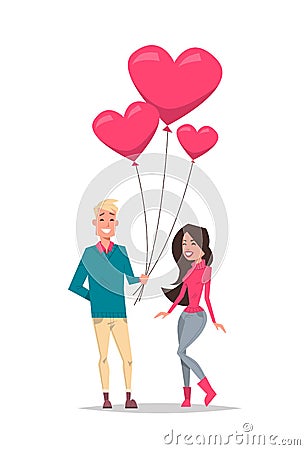 Man giving woman pink heart shape air balloons happy valentines day holiday concept young couple in love full length Vector Illustration