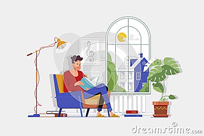 Man with glasses and home clothes reading book and sitting in chair Vector Illustration