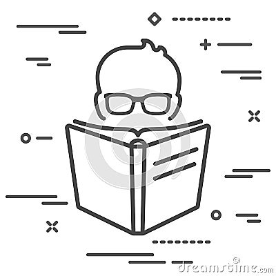 Man with glasses reading a big linear book icon over white backg Vector Illustration