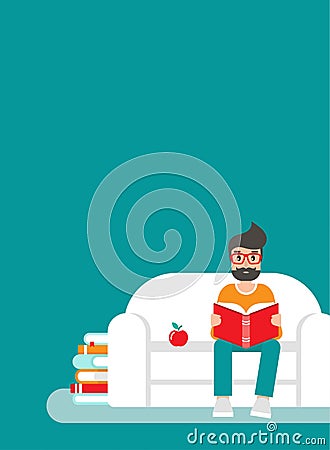 Man with glasses and red book siting on sofa with apple and stack of books. creative student Cartoon Illustration