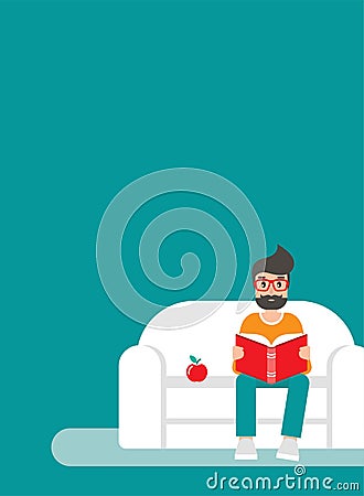 Man with glasses and red book siting on sofa with apple and stack of books. creative student Cartoon Illustration