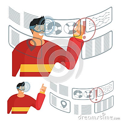 Man in glasses and a red sweater interacts with a data on futuristic transparent interactive screen Vector Illustration