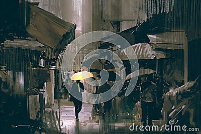 The man with glowing yellow umbrella walking in city Cartoon Illustration