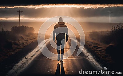 man goes on the road to the distance, the path to success, a journey, generative ai Stock Photo