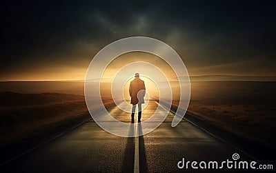 man goes on the road to the distance, the path to success, a journey, generative ai Stock Photo