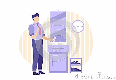 Man is going to work. Male character gets dressed for trip to office in front of mirror Vector Illustration