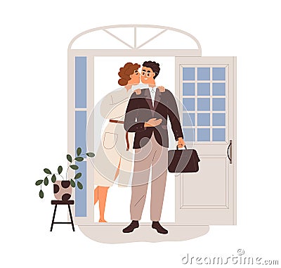 Man going to work. Wife kissing husband office worker, seeing off at home door. Businessman leaving house. Love family Cartoon Illustration
