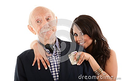 Man with gold-digger companion or wife Stock Photo