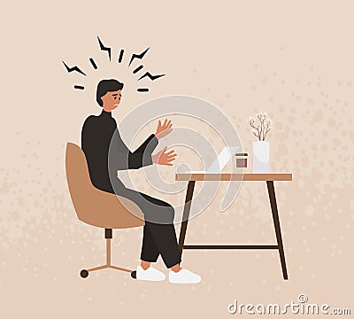 Man got burnout in workplace, angry worker Vector Illustration