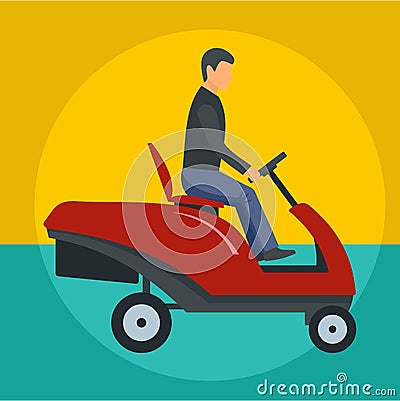 Man at grass cutting machine icon, flat style Vector Illustration