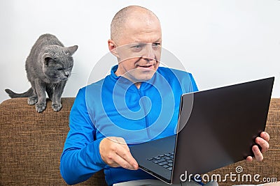 Man with a gray cat looks at a laptop screen. freelancer business works at home. relationship with a cat Stock Photo