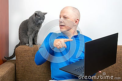 Man with a gray cat looks at a laptop screen. freelancer business works at home. relationship with a cat Stock Photo