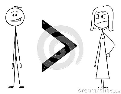 Inequality of Sexes, Man is Greater Than Woman, Vector Cartoon Stick Figure Illustration Vector Illustration