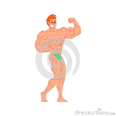 Man In Green Briefs Bodybuilder Funny Smiling Character On Steroids Demonstrating Biceps Muscles As Strongman Routine Vector Illustration