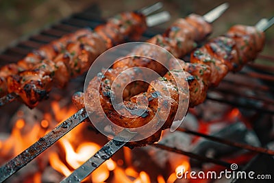 Man grills shish kebab over flames, sizzling with deliciousness Stock Photo
