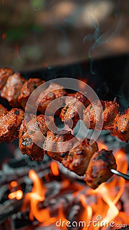 Man grills shish kebab over flames, sizzling with deliciousness Stock Photo