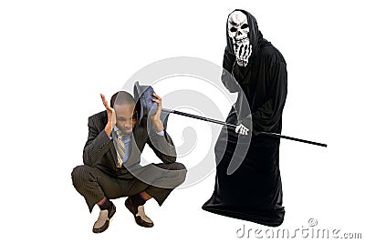 Man in Grim Reaper Ghost Costume Playing a Prank on Halloween Stock Photo