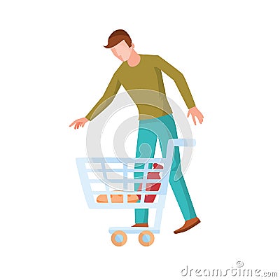 a man with a grocery cart in which he puts groceries, flat, isolated object on a white background, vector Vector Illustration