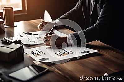 man document business contract office businessperson group hand businessman lawyer signature. Generative AI. Stock Photo