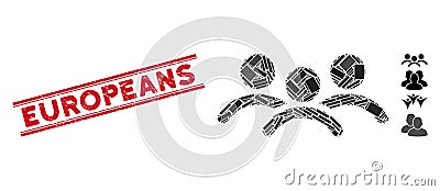 Man Group Mosaic and Distress Europeans Watermark with Lines Vector Illustration