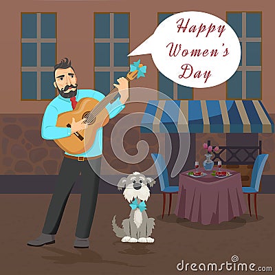 Man with guitar stands near the restaurant and sings about Womans Day. Vector Illustration