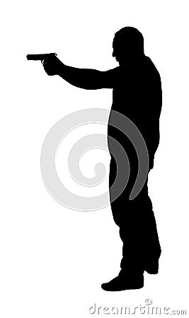 Man with gun shooting in target vector silhouette illustration. Hunter with pistol shooting in shot. Public crime scene, gunfight Cartoon Illustration