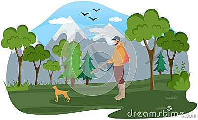 Man with gun walks through woods. Hunter goes after his dog in forest. Hunting animals concept Vector Illustration