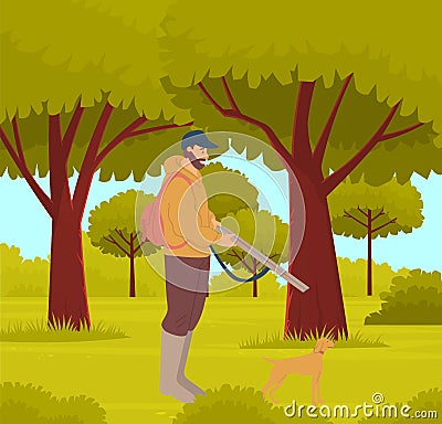 Man with gun walks through woods with tall trees. Hunter goes with his hunting dog in forest Vector Illustration