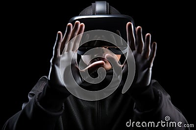 Man guy student computer technology male wearing VR headset virtual reality goggles exploration metaverse modern Stock Photo