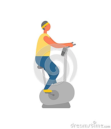 Man in Gym Using Stationary Bike Bodybuilding Vector Illustration