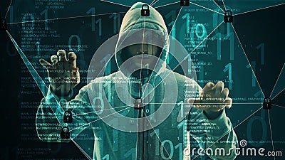 Man hacker binary code and locked padlocks Stock Photo