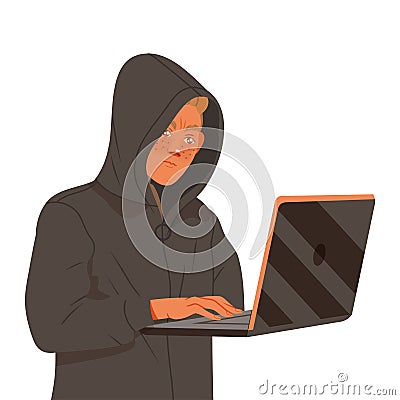 Man Hacker in Hoody at Laptop Breaking Web Site Code Vector Illustration Vector Illustration