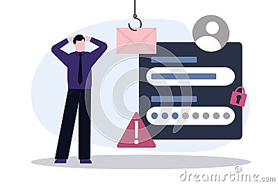 Man had hacker attack. Male internet user open scam email. Fraud investigation and prevention. Phishing attacking Vector Illustration